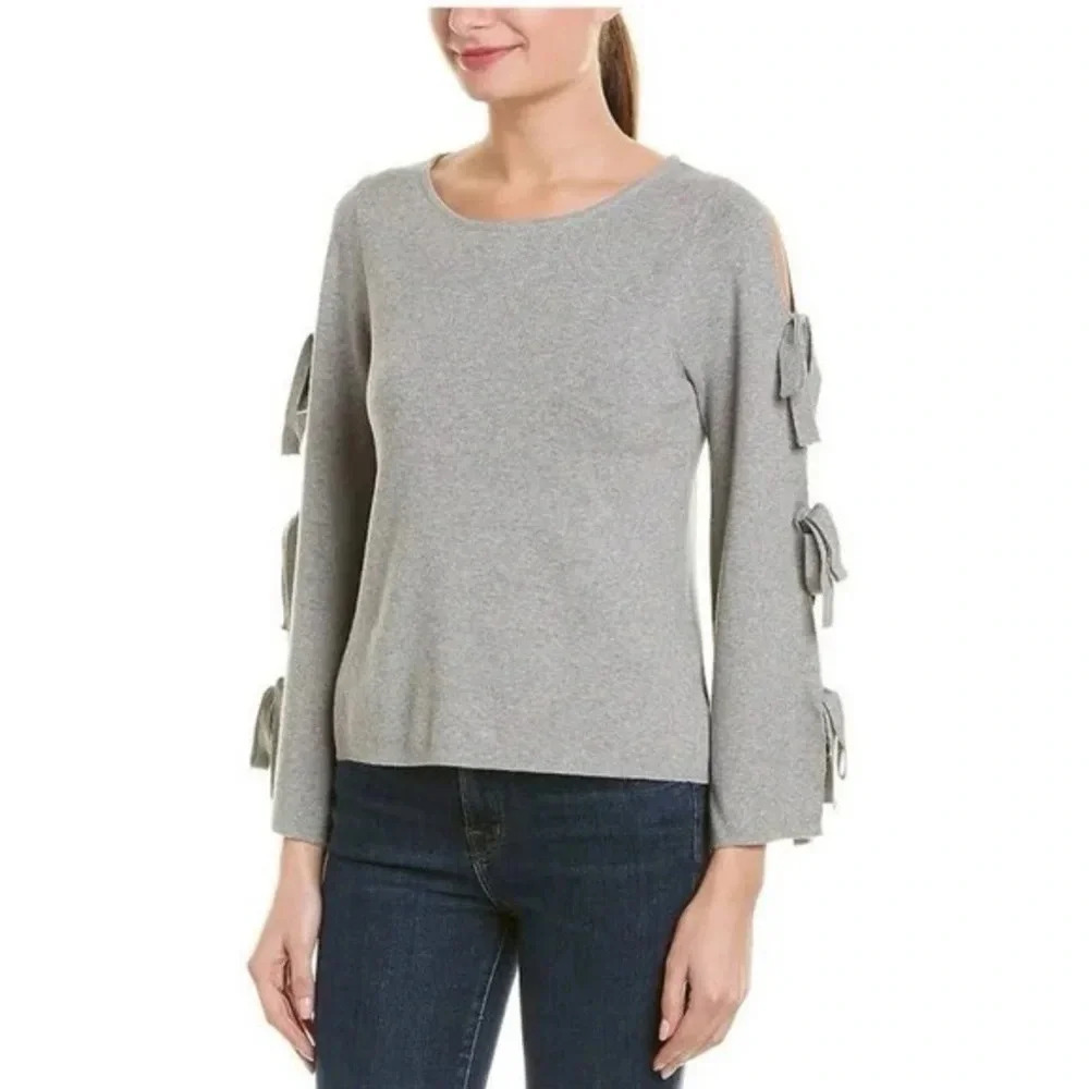 Milly Gray Tied Together Long Sleeve Scoop Neck Sweater